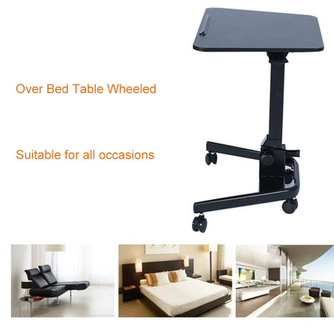Height Adjustable Rolling Laptop Stand With Locking Casters Sleek Tilt Bed Desk For Sofa Hassle Free Mobility solid wood top in black with wheels.