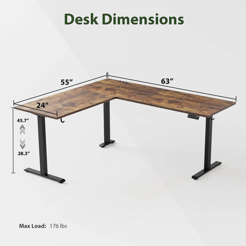 Electric Adjustable L Shaped Standing Desk 63 By 55 Inches Corner Sit Stand Computer Table With Splice Board Rustic Brown Finish