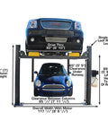 Top Shelf Four Post Vehicle Parking Lift With Massive Eight Thousand Pound Load Capacity And Heavy Duty Diamond Plate Runways For Your Weekend Wrencher Shop with dimensions and features.