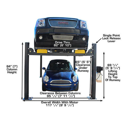Top Shelf Four Post Vehicle Parking Lift With Massive Eight Thousand Pound Load Capacity And Heavy Duty Diamond Plate Runways For Your Weekend Wrencher Shop with dimensions and features.
