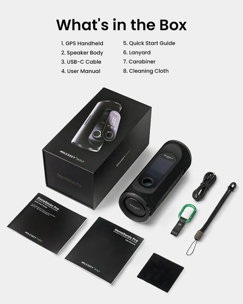GeneSonic Pro Golf Speaker With Detachable GPS Rangefinder Handheld package with accessories and manuals visible