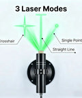 Three Head Green Laser Level Kit With Rechargeable Battery, 520nm Cross And Linear Lasers, shown with three modes.