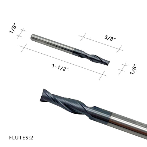 Carbide Square End Mill Two Flute One Eighth Inch Shank And Cutting Diameter One Eighth Inch Three Eighths Inch Cutting Length One And A Half Inch Total Length TiAlN Coated For Milling Alloy Steels Hardened Steel And Metal Ideal For DIYers And Pros Set front view