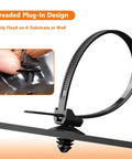 Close-up of black nylon cable tie with push mount buckle, demonstrating threaded plug-in design for automotive use.