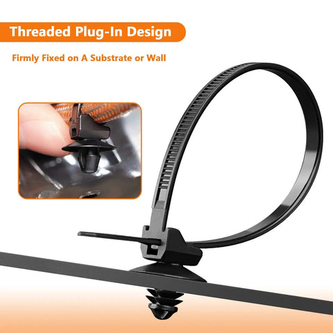 Close-up of black nylon cable tie with push mount buckle, demonstrating threaded plug-in design for automotive use.