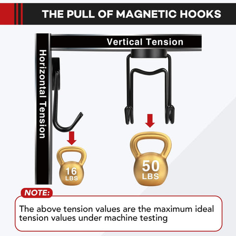 Heavy Duty Magnetic Hooks 50 Lbs Plus Set Of Four Swivel Hooks For Refrigerator Grill Toolbox showing vertical and horizontal tension
