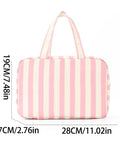 Striped water resistant cosmetic bag with leak proof pockets, size 28x19x7cm, compact, for college dorm life and travel organizer.