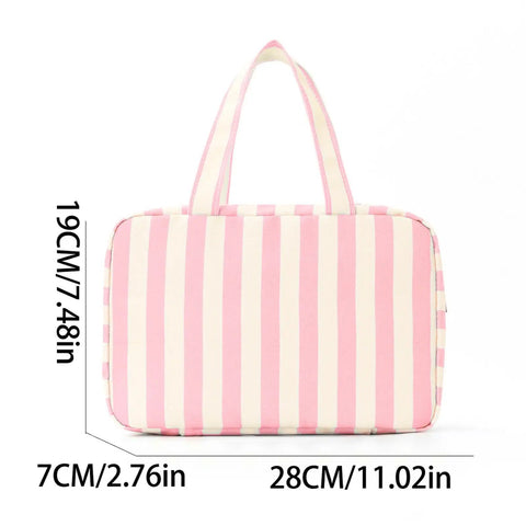 Striped water resistant cosmetic bag with leak proof pockets, size 28x19x7cm, compact, for college dorm life and travel organizer.