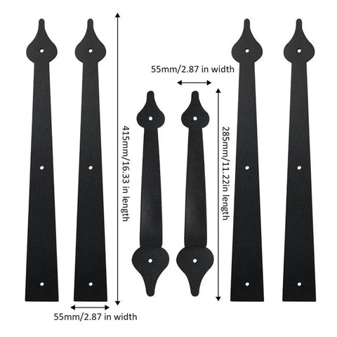 Six Piece Garage Door Handle Hinges Set With Heavy Duty Steel Base Decorative Barn Hardware Kit dimensions shown