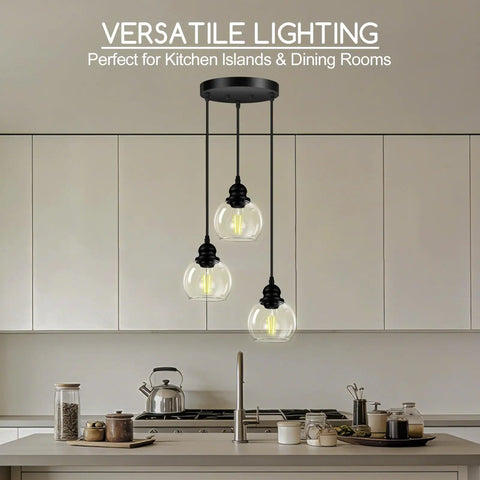 Three Light Pendant Light With Clear Glass Shades, Matte Black Finish, Adjustable Height Industrial Retro Ceiling Hanging Lamp Over Kitchen Island