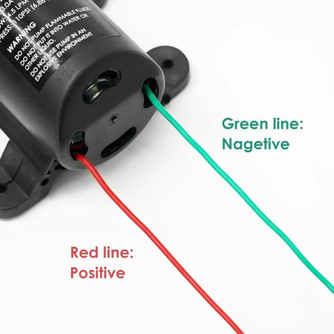 Close-up of 12V DC Fresh Water Pump wiring with labeled red positive and green negative lines, part of self priming sprayer system.