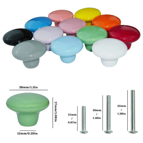 12Pk Straight Up Stunning Premium Ceramic Mushroom Drawer Knobs in assorted retro colors with installation screws