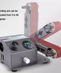 Mini Electric Wet Dry Bench Sander With Variable Speed Control Up To 13000Rpm And Lcd Display showing adjustable grinding arm and digital display.