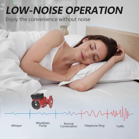 Woman sleeping peacefully beside a Top Rated Three Speed Hot Water Recirculating Pump 13 Gpm 25Ft Head for Hydronic Heating.