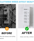Comparison of cluttered wires before and organized cords after using Four Pack Self Adhesive Power Strip Holders Wall Mount Brackets