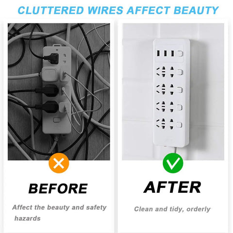 Comparison of cluttered wires before and organized cords after using Four Pack Self Adhesive Power Strip Holders Wall Mount Brackets