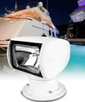 12V 100W Xenon Marine Spotlight With Remote Control on yacht, showing waterproof design and high night visibility