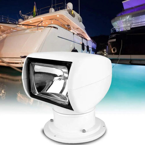 12V 100W Xenon Marine Spotlight With Remote Control on yacht, showing waterproof design and high night visibility