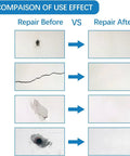 Comparison of wall before and after using All-In-One Wall Hole Patch Kit With 9.8 Oz Repair Putty, Aluminum Patches, Scrapers And Sanding Pad.