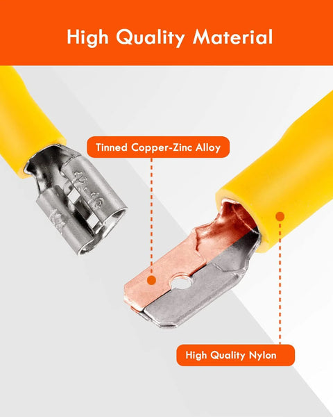 Yellow nylon-insulated spade terminal connectors, male and female, made of tinned copper-zinc alloy.