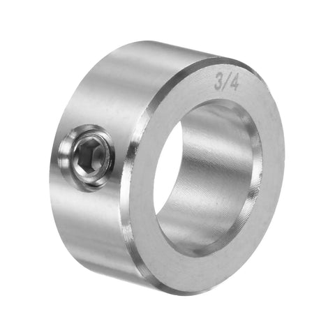 Beefy Heavy Duty Shaft Collar With 3/4 Inch Bore, 1-1/4 Inch OD, 9/16 Inch Width, 304 Stainless Steel Set Screw Ring For Wheelbarrow Axles, Gearboxes, And Machine Tools, Durable Spacer And Positioning Collar on white background