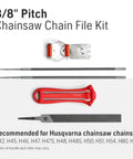 Three Eighths Inch Pitch Chainsaw File Kit With Handle And Combination Guide, Flat And Round Files Included, shown unassembled
