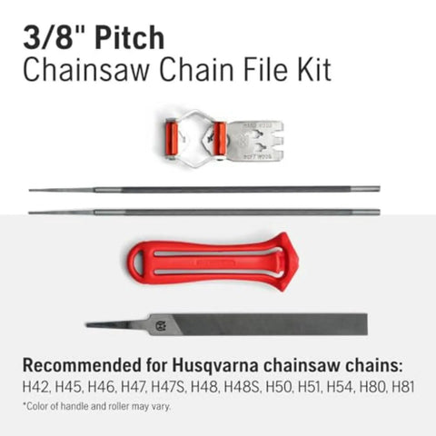 Three Eighths Inch Pitch Chainsaw File Kit With Handle And Combination Guide, Flat And Round Files Included, shown unassembled