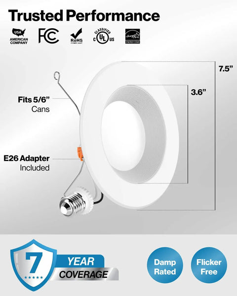 6 Inch LED Recessed Light Kit With Baffle Trim For Ceiling Retrofit Downlights, 1050 Lumens, 13W E26 adapter diagram