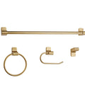 Positano Matte Brass Bath Set with towel bar and toilet paper holder, sleek modern four-piece bathroom set for minimalist look.