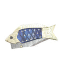 Custom Copper Damascus Fish Style Folding Knife With Ladder Pattern Blade Handmade EDC Ready Pocket Knife Brass Engraved Blue