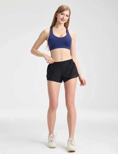 Woman wearing Women's Running Shorts With Zip Pocket And Built In Liner, Quick-Dry Lightweight Two Point Five Inch Inseam, Low Rise Gym Yoga Athletic Shorts For Running Training And HIIT, Breathable Sweat-Wicking Black.