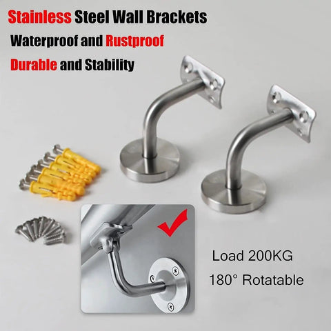 Heavy Duty Stainless Steel Handrail Kit For Indoor And Outdoor Decks Stairs And Balconies With No Sweat Wall Mount Setup And Pro Grade Two Inch Tubing Safety Guard Rail System, featuring wall brackets and screws.
