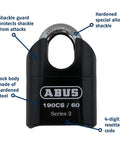 190CS 60 High Security Solid Steel Combination Padlock With 4 Dial Resettable Combination Closed Shackle Hardened Steel