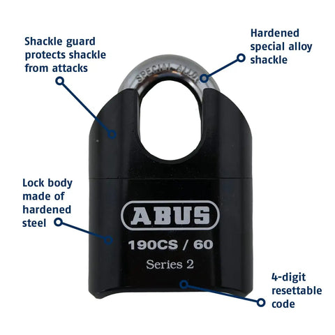 190CS 60 High Security Solid Steel Combination Padlock With 4 Dial Resettable Combination Closed Shackle Hardened Steel