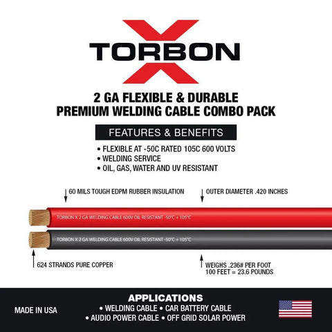Tough As Nails Two Gauge Welding Cable Power Cord Set Fifteen Feet Red Lead Paired With Five Feet Black Ground 100 Percent Pure Copper Extra Flexible Six Hundred Volt Rig Ready Drop Wire For Heavy Duty Work on a display with features.