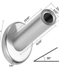 Heavy Duty Marine Grade T316 Stainless Steel Cable Protector Sleeves Kit For One Eighth Inch Railing Cables, 30 Degree Beveled Sleeves With Drill Bit, Tough Stair Railing Hardware For Wood Posts, Pack Of 50, showing angled view of bevel sleeve with measurements.