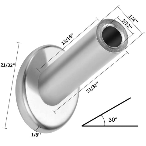Heavy Duty Marine Grade T316 Stainless Steel Cable Protector Sleeves Kit For One Eighth Inch Railing Cables, 30 Degree Beveled Sleeves With Drill Bit, Tough Stair Railing Hardware For Wood Posts, Pack Of 50, showing angled view of bevel sleeve with measurements.
