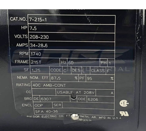 Data plate of 7.5HP Single Phase Compressor Duty Industrial Electric Motor 215T Frame 1750 RPM 208-230V Open Drip Proof Enclosure