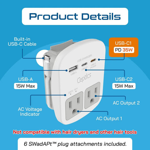 Travel Power Adapter Kit With 2 US Outlets, USB C PD 35W And USB A, Includes USB C Cable, product diagram and details