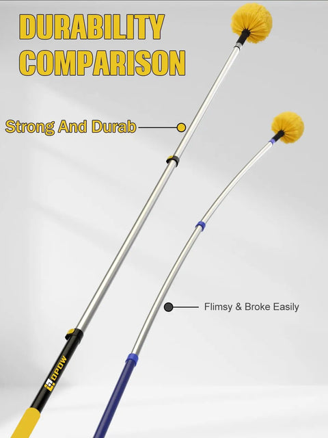 Durability comparison of heavy-duty commercial extension pole and flimsy pole, showing strong and flexible options with yellow tips.