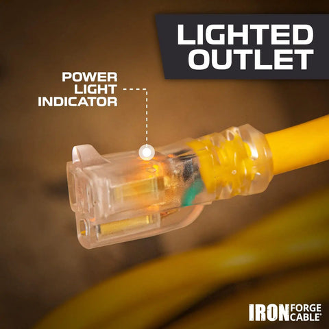 Close-up of lighted end on Weatherproof Outdoor Extension Cord 25 Ft Heavy Duty 14/3 SJTW 15 Amp Yellow 3 Prong