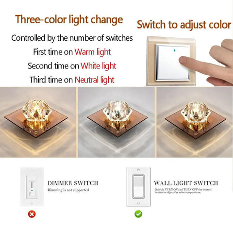 saditesdk 6 Pcs Recessed Lighting Cube Luxury Trim Kits Dimmable Led Recessed Lighting Square Crystal Spotlight showing three color change options.