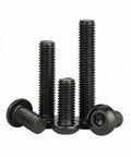 M4 X 12MM Button Head Hex Socket Cap Screws 50 Pack With Hex Key, assorted black oxide screws on white background.