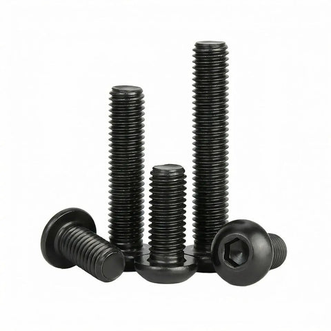 M4 X 12MM Button Head Hex Socket Cap Screws 50 Pack With Hex Key, assorted black oxide screws on white background.