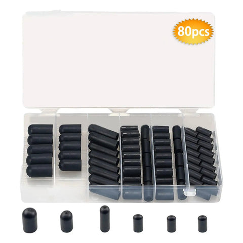 Open box of Rubber Vacuum Cap Kit For Hoses And Tubes, 80 Piece Assortment With 1.26 Inch Caps, black rubber caps visible