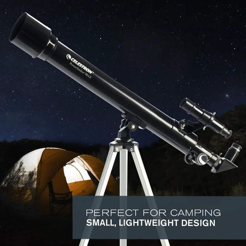 PowerSeeker 50AZ Telescope under night sky, set up near tent, demonstrating easy-to-use manual Alt-Azimuth mount for beginners.