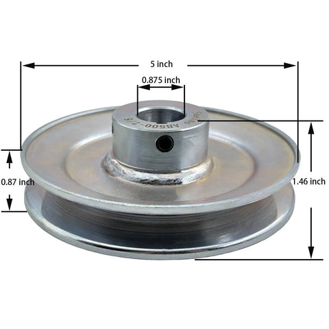 Heavy Duty Built Tough 5 Inch V Belt Pulley With Seven Eighths Inch Bore One Groove For A B 5L 4L V Belts Carbon Steel Motor Pulley Zinc Plated 1020 Steel Construction With Standard Keyseats And Mounting Hardware