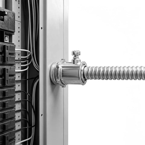 Fifty Piece Pack Of Super Tough EMT Connectors For Half Inch Electrical Conduit Systems Featuring Corrosion Resistant Zinc Alloy Build For Snug Tight Wire Runs And No Sweat Installations connected to electrical panel.
