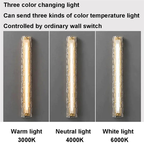 Dope Copper Wall Light With Glass Lampshade Nordic Style Three Dimmable Vanity Lights showing warm, neutral, and white lighting colors.