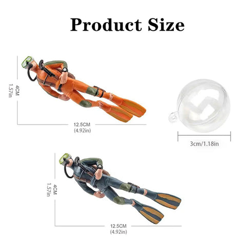 2 Pack Aquarium Diver Ornaments Set For Floating Fish Tank Decor Lit Little Divers For Creative Marine Landscaping In Any Tank Safe Resin Realistic Details Twelve Point Five By Four Cm Each With Forty Cm Line shown with dimensions